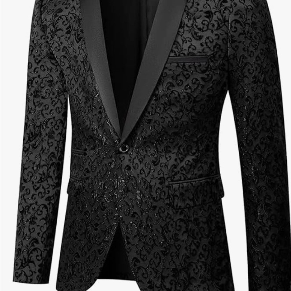 Elegant Black Tuxedo with Jacquard Texture and Satin Lapels
